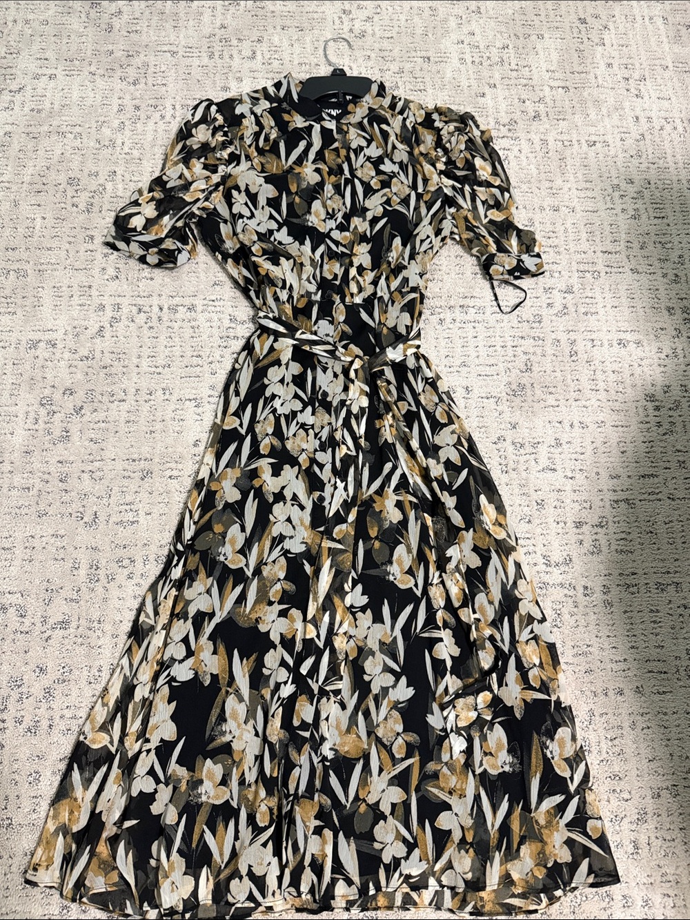 DKNY Black Floral Maxi Dress with Gold & Cream Print